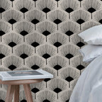 Black And White Fan Wallpaper : Art Deco Palm Motif Pattern
