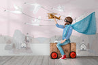 Blush Bird Kites Wallpaper : Swans Flying Village Kids Mural - View 2