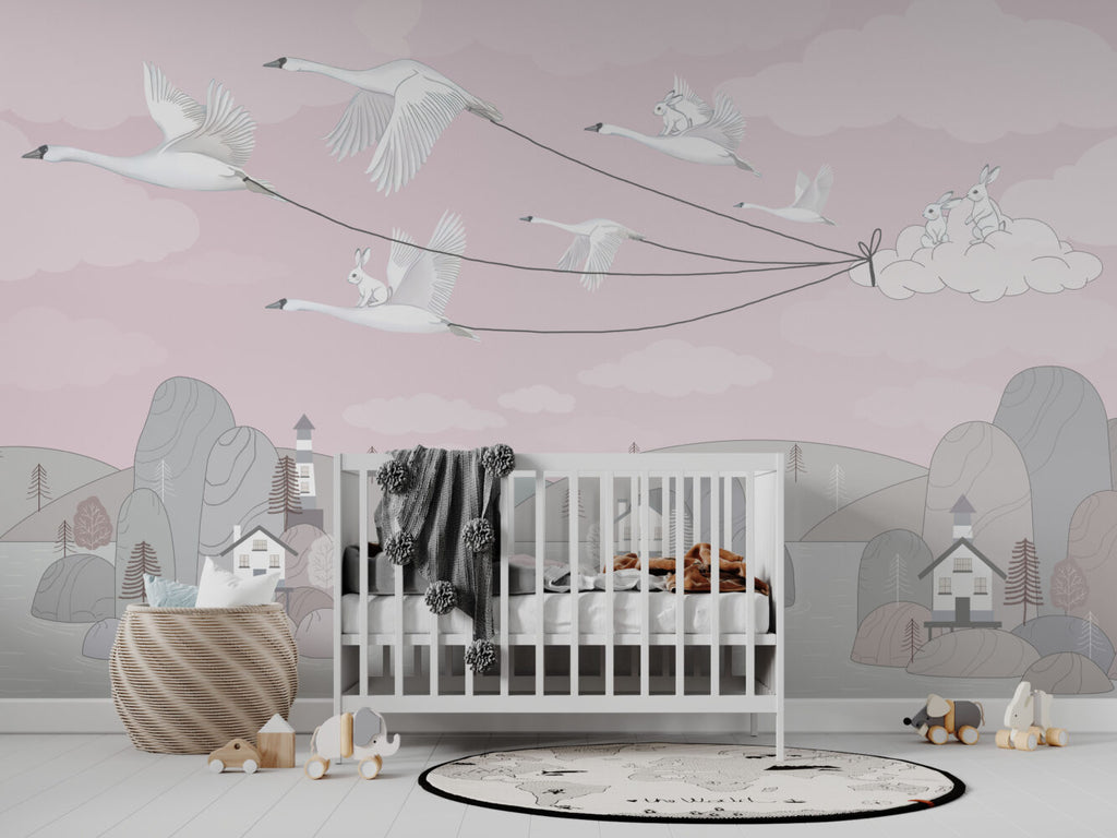 Blush Bird Kites Wallpaper : Swans Flying Village Kids Mural - View 3