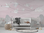 Blush Bird Kites Wallpaper : Swans Flying Village Kids Mural - View 3