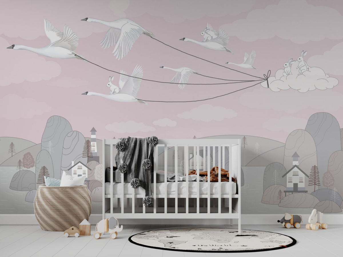 Blush Bird Kites Wallpaper : Swans Flying Village Kids Mural - View 3