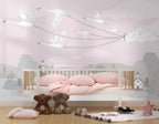 Blush Bird Kites Wallpaper : Swans Flying Village Kids Mural - View 4