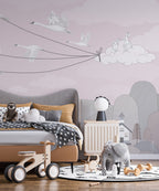 Blush Bird Kites Wallpaper : Swans Flying Village Kids Mural - View 5