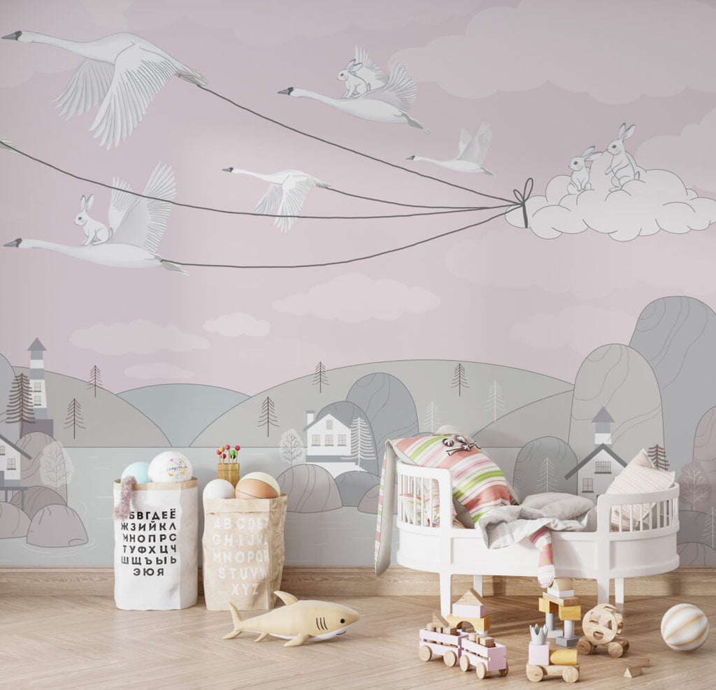 Blush Bird Kites Wallpaper : Swans Flying Village Kids Mural