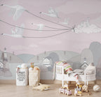 Blush Bird Kites Wallpaper : Swans Flying Village Kids Mural