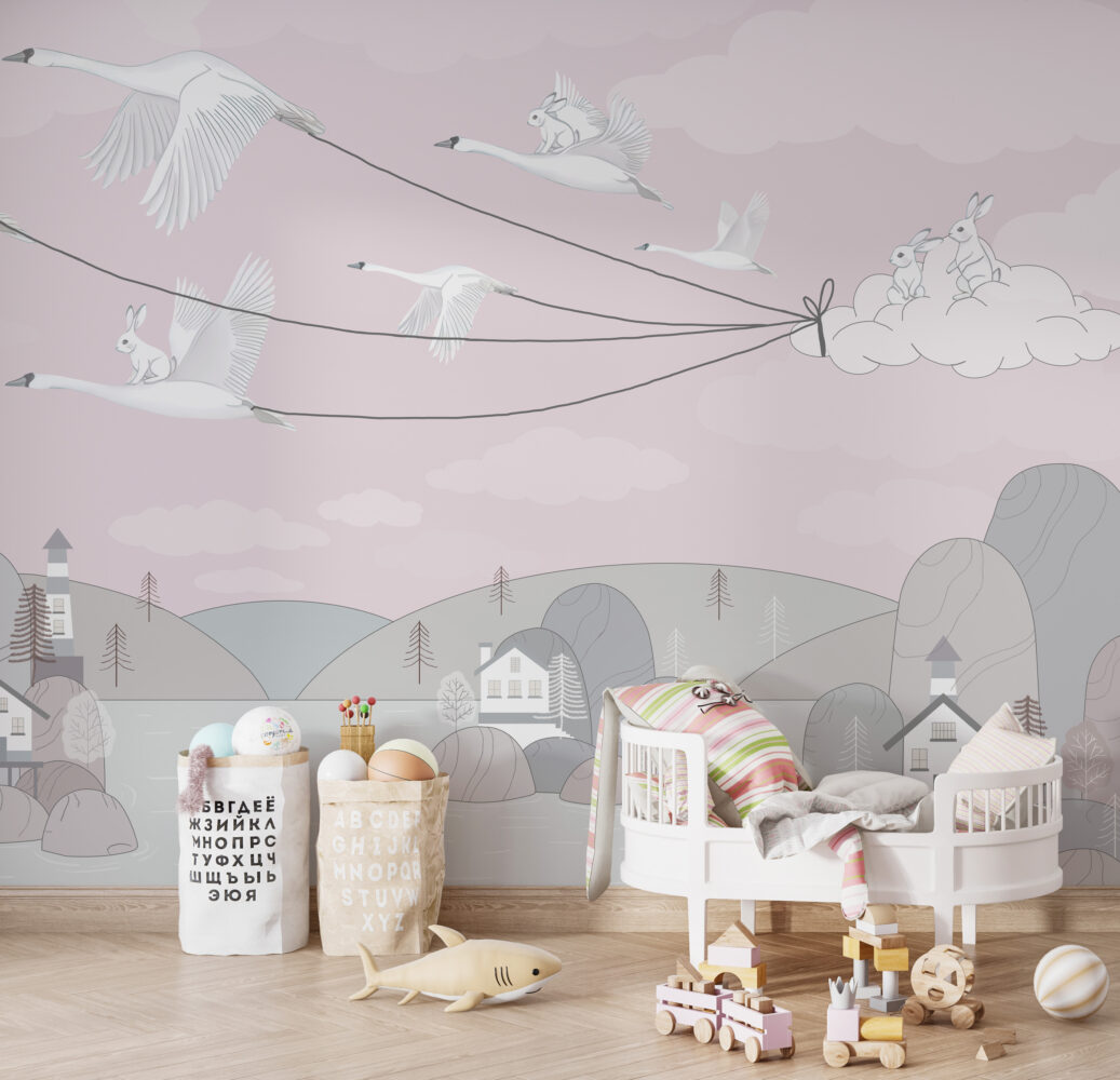 Blush Bird Kites Wallpaper : Swans Flying Village Kids Mural