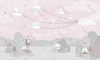 Blush Bird Kites Wallpaper : Swans Flying Village Kids Mural - flat design