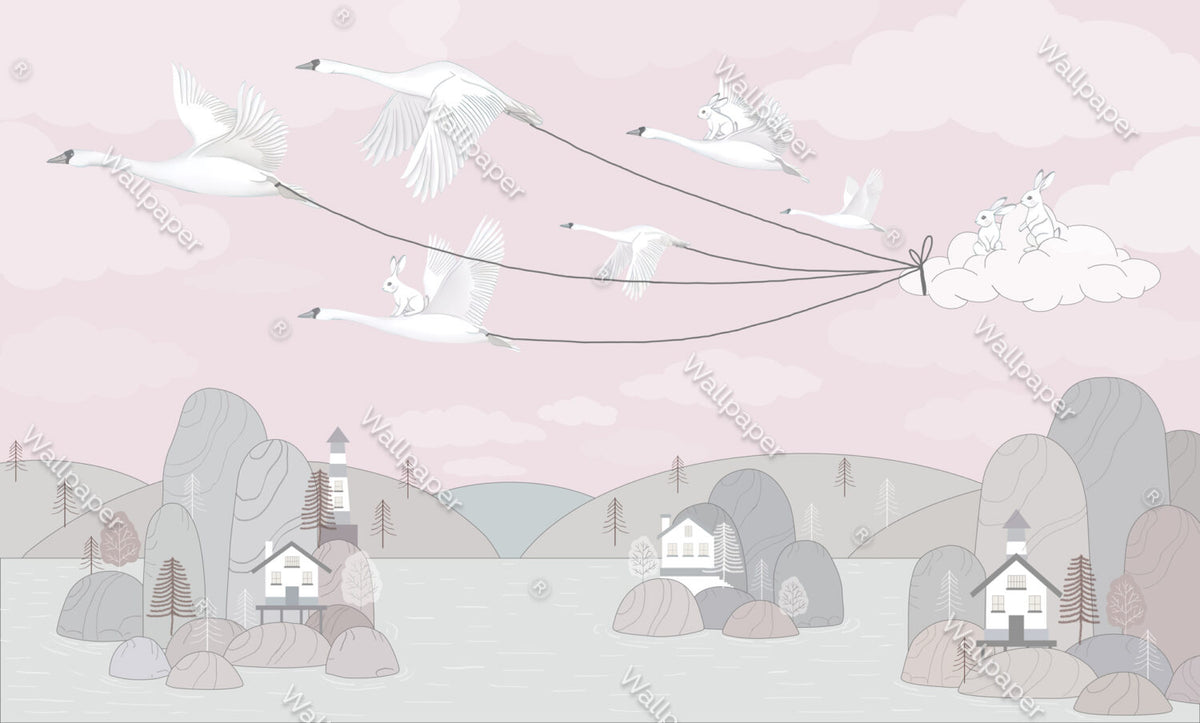 Blush Bird Kites Wallpaper : Swans Flying Village Kids Mural - flat design