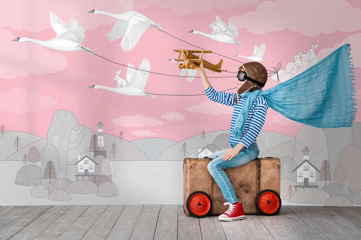 Bright Pink Bird Kites Wallpaper : Swans Flying Village Kids Mural - View 2