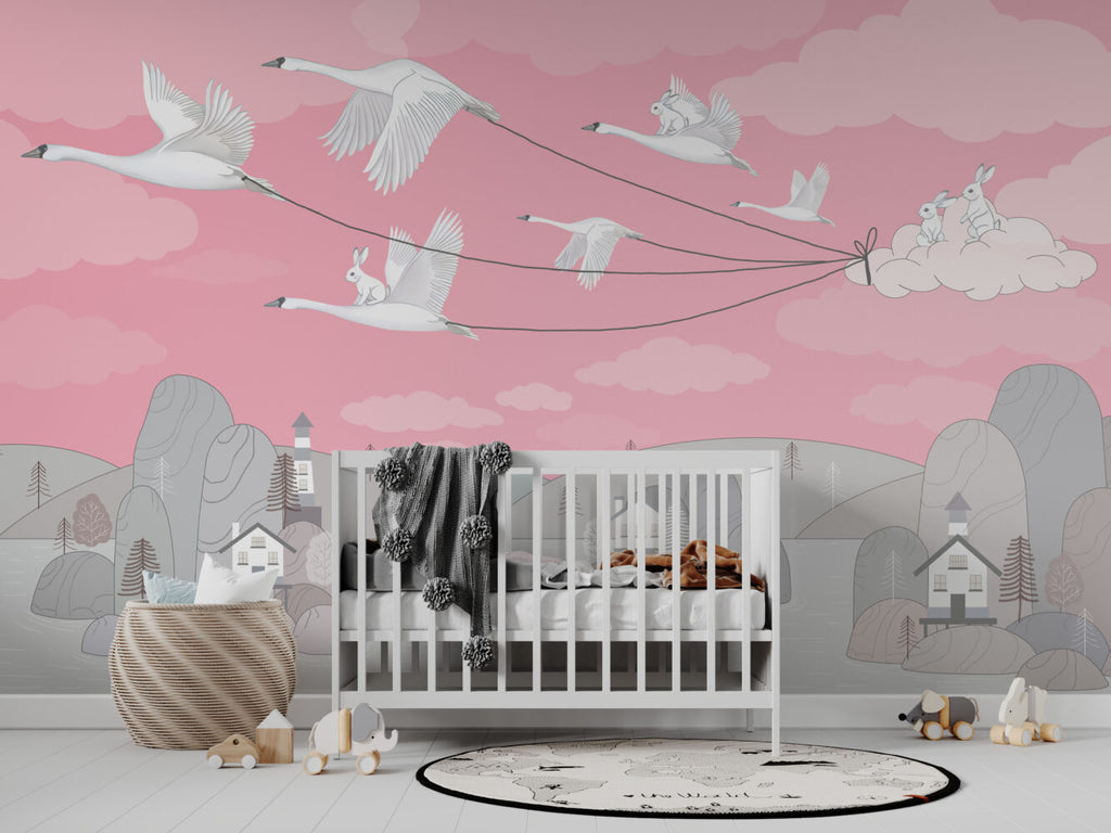 Bright Pink Bird Kites Wallpaper : Swans Flying Village Kids Mural - View 3
