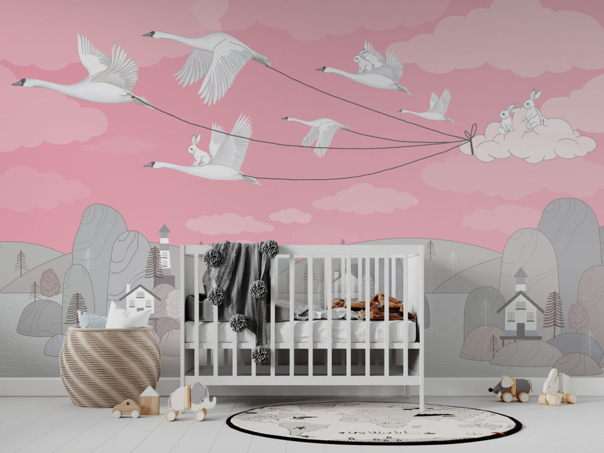 Bright Pink Bird Kites Wallpaper : Swans Flying Village Kids Mural - View 3