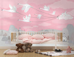 Bright Pink Bird Kites Wallpaper : Swans Flying Village Kids Mural - View 4
