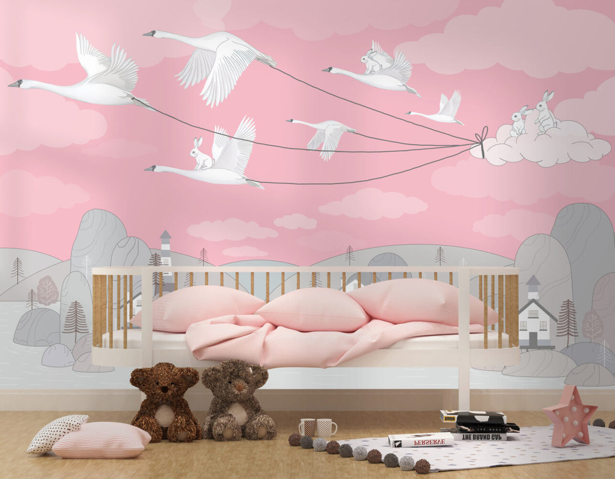 Bright Pink Bird Kites Wallpaper : Swans Flying Village Kids Mural - View 4