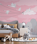 Bright Pink Bird Kites Wallpaper : Swans Flying Village Kids Mural - View 5
