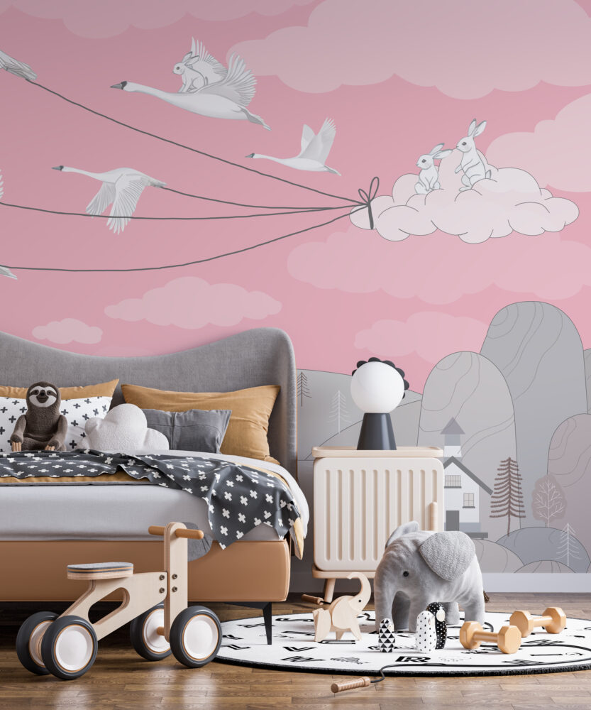 Bright Pink Bird Kites Wallpaper : Swans Flying Village Kids Mural - View 5