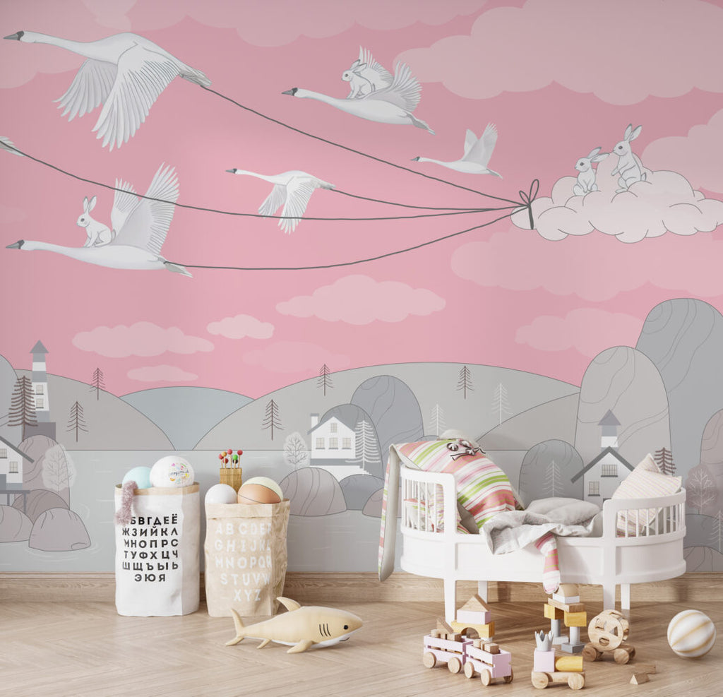 Bright Pink Bird Kites Wallpaper : Swans Flying Village Kids Mural