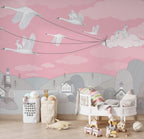 Bright Pink Bird Kites Wallpaper : Swans Flying Village Kids Mural