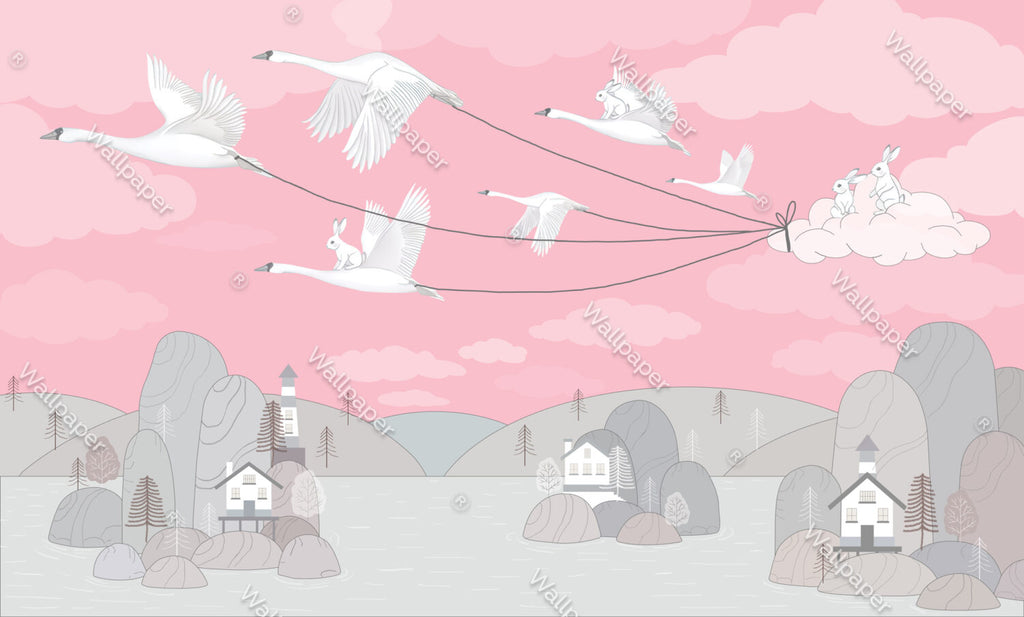 Bright Pink Bird Kites Wallpaper : Swans Flying Village Kids Mural - flat design