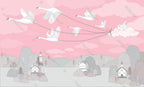 Bright Pink Bird Kites Wallpaper : Swans Flying Village Kids Mural - flat design