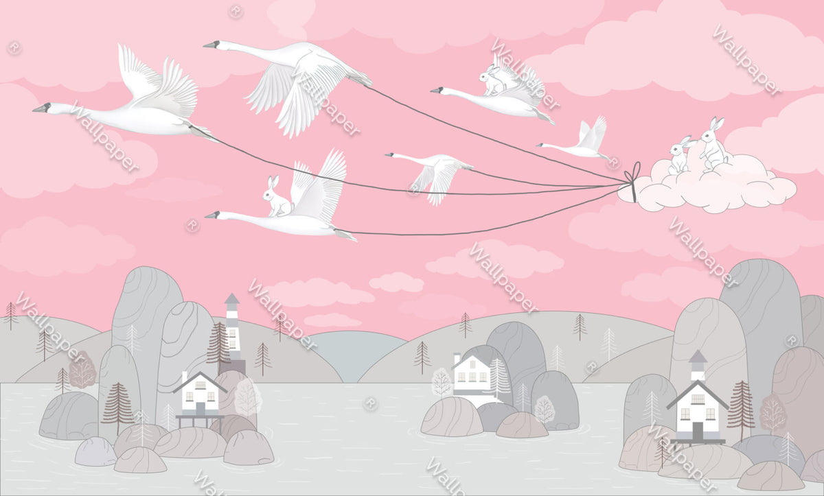 Bright Pink Bird Kites Wallpaper : Swans Flying Village Kids Mural - flat design