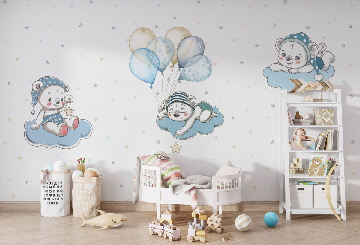 Teddy Bears Balloon Wallpaper : Blue Cloud Nursery Pattern - View 2