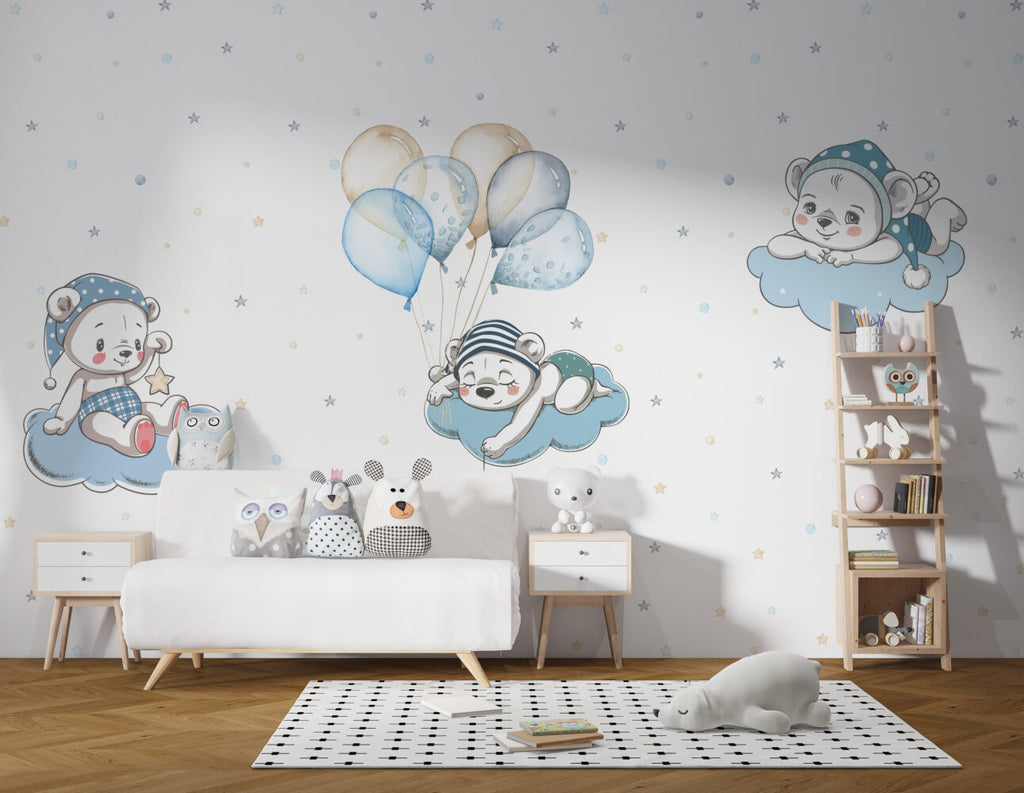 Teddy Bears Balloon Wallpaper : Blue Cloud Nursery Pattern - View 3