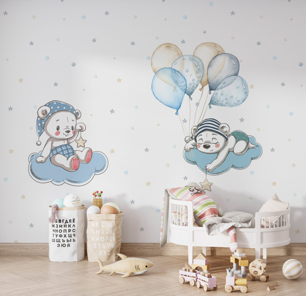 Teddy Bears Balloon Wallpaper : Blue Cloud Nursery Pattern - View 4