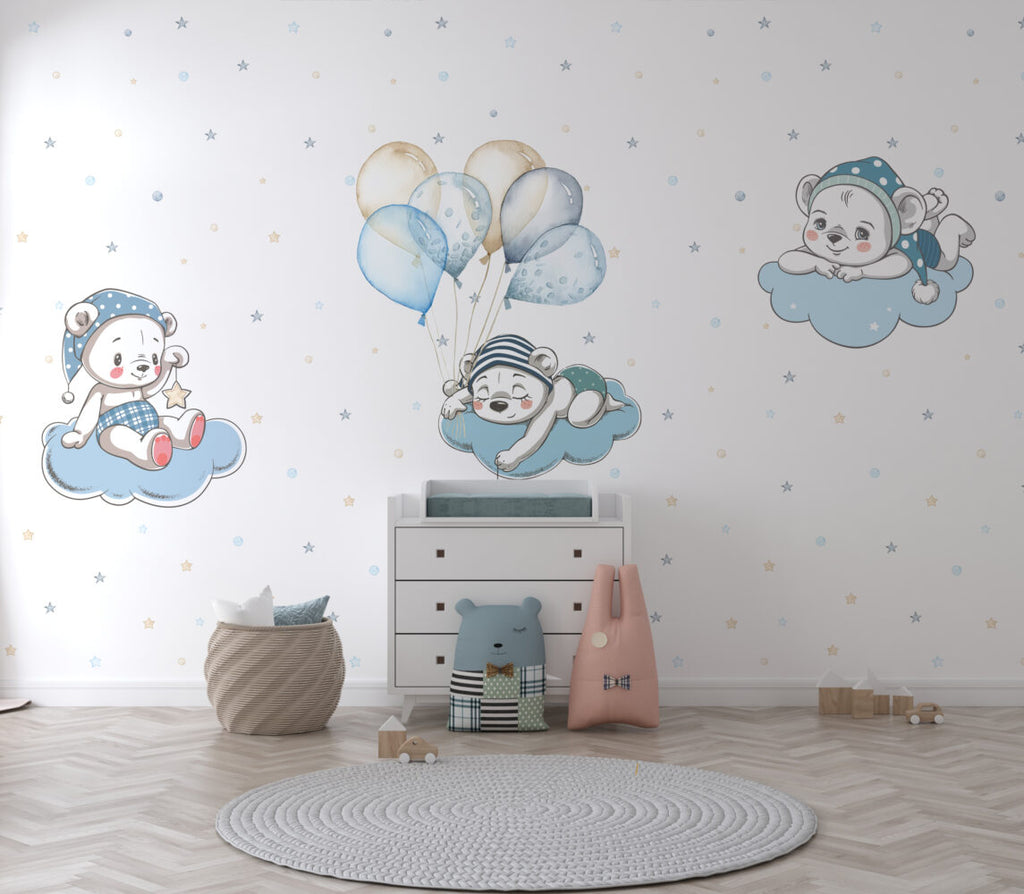Teddy Bears Balloon Wallpaper : Blue Cloud Nursery Pattern - View 5