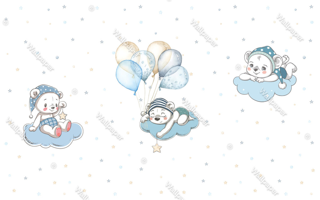 Teddy Bears Balloon Wallpaper : Blue Cloud Nursery Pattern - flat design