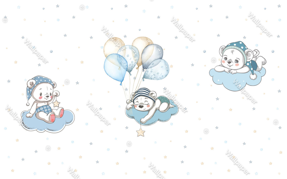 Teddy Bears Balloon Wallpaper : Blue Cloud Nursery Pattern - flat design