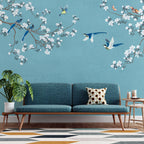 Blossom Branch Birds Wallpaper : Teal Chinoiserie Mural - View 2