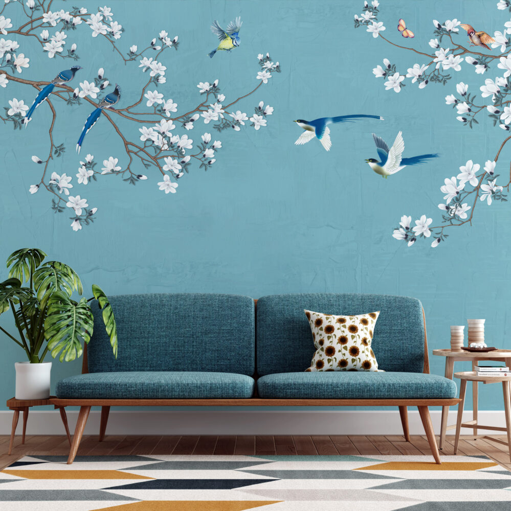 Blossom Branch Birds Wallpaper : Teal Chinoiserie Mural - View 2