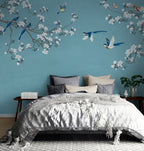 Blossom Branch Birds Wallpaper : Teal Chinoiserie Mural - View 3