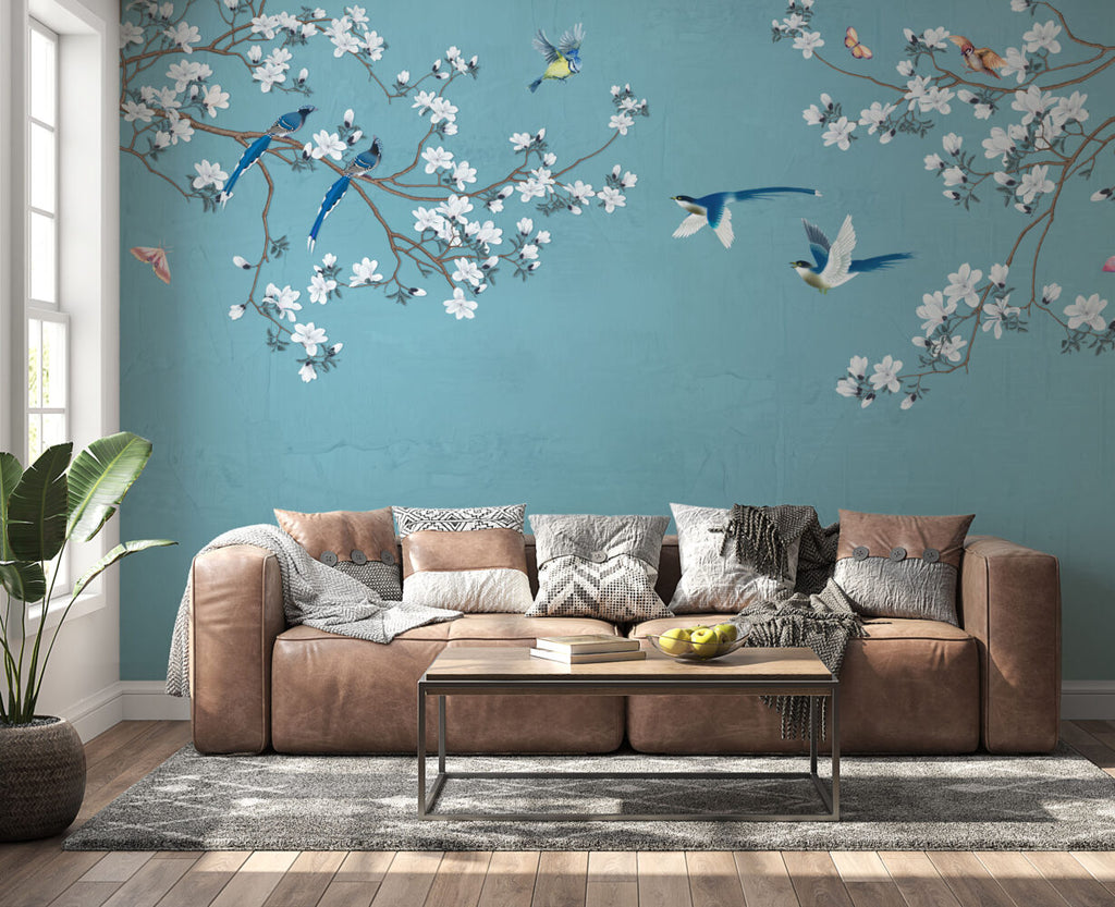 Blossom Branch Birds Wallpaper : Teal Chinoiserie Mural - View 4