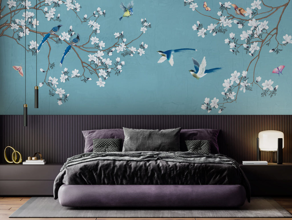 Blossom Branch Birds Wallpaper : Teal Chinoiserie Mural - View 5