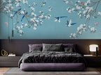 Blossom Branch Birds Wallpaper : Teal Chinoiserie Mural - View 5