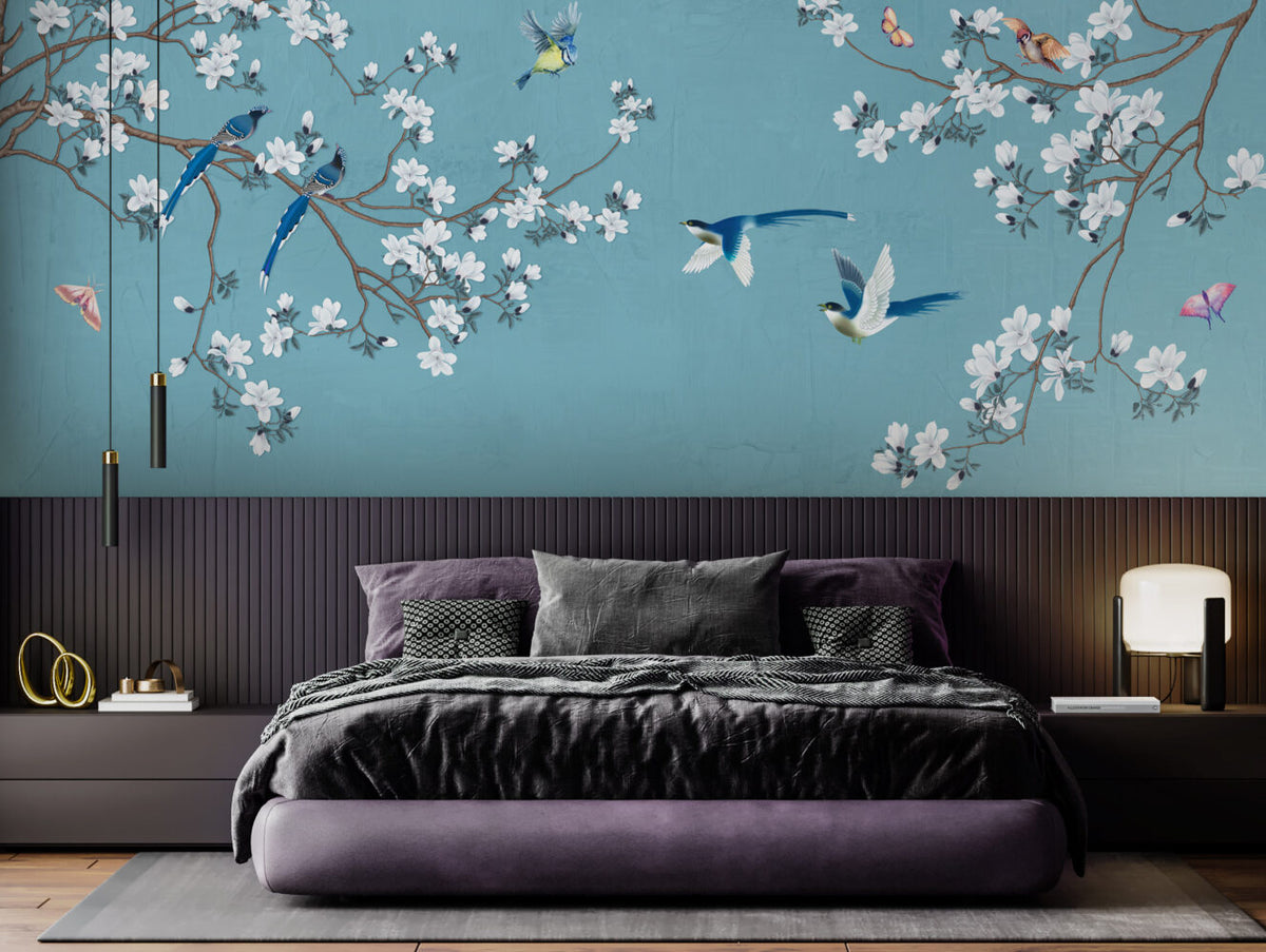 Blossom Branch Birds Wallpaper : Teal Chinoiserie Mural - View 5