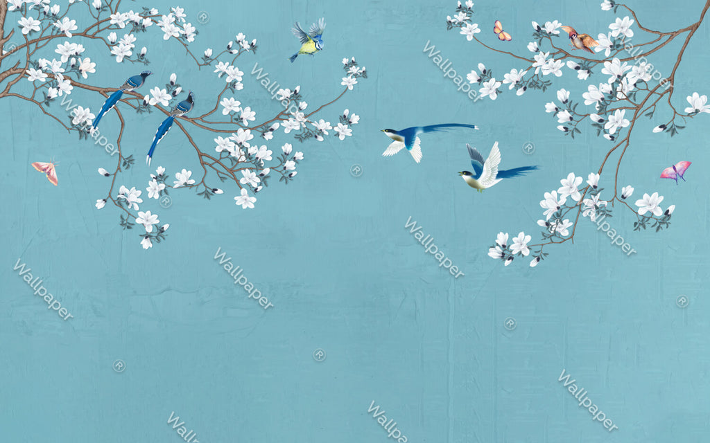 Blossom Branch Birds Wallpaper : Teal Chinoiserie Mural - flat design