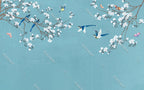 Blossom Branch Birds Wallpaper : Teal Chinoiserie Mural - flat design