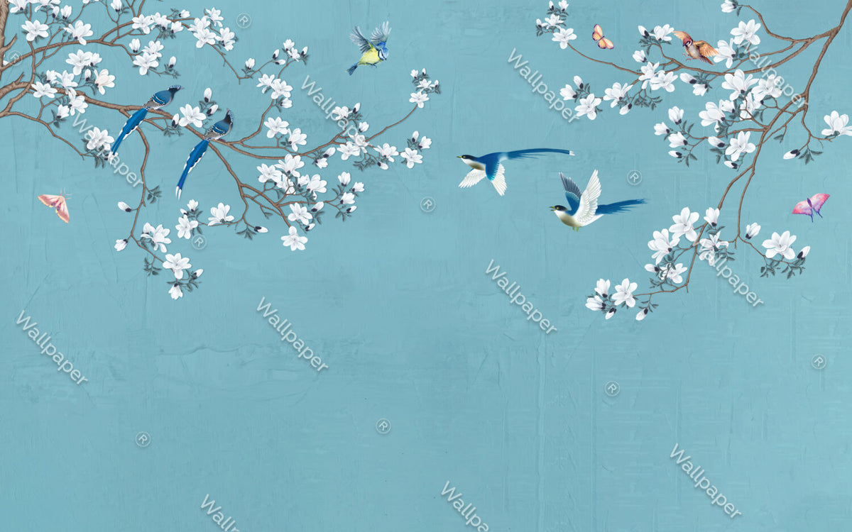 Blossom Branch Birds Wallpaper : Teal Chinoiserie Mural - flat design