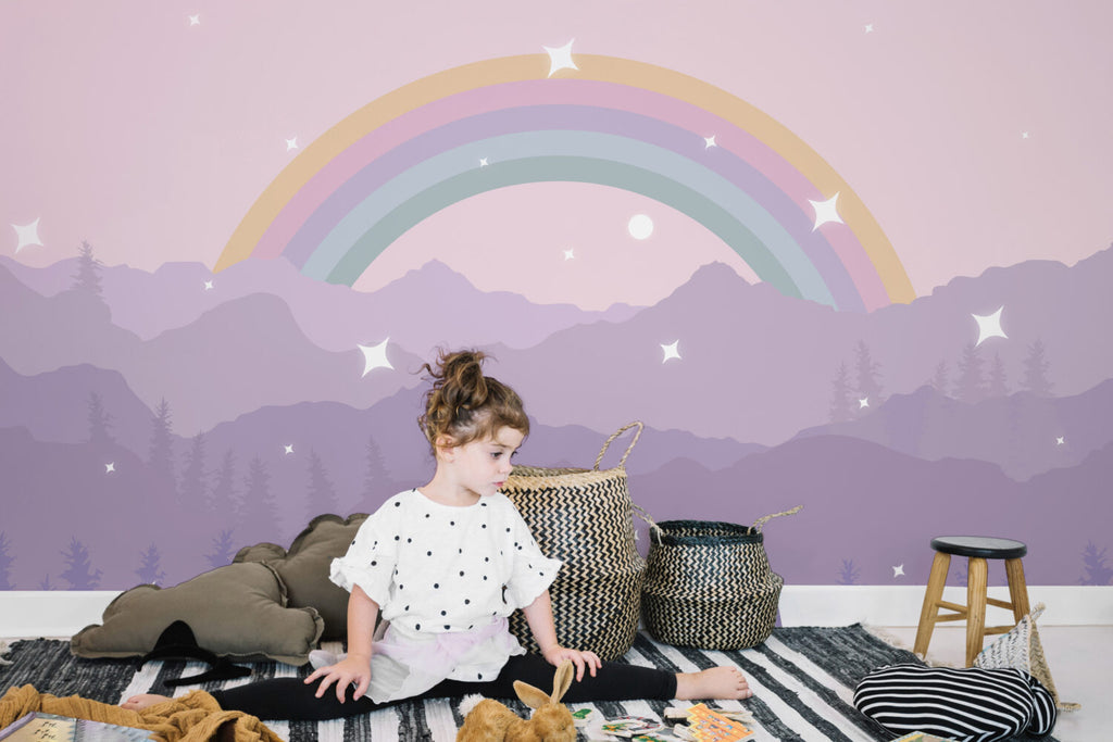 Purple Mountains Rainbow Wallpaper : Pastel Starry Kids Mural - View 2