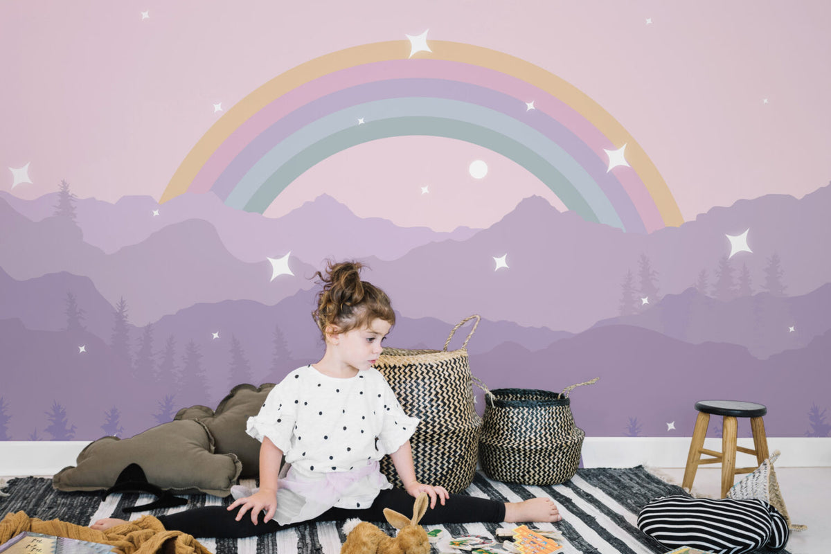 Purple Mountains Rainbow Wallpaper : Pastel Starry Kids Mural - View 2