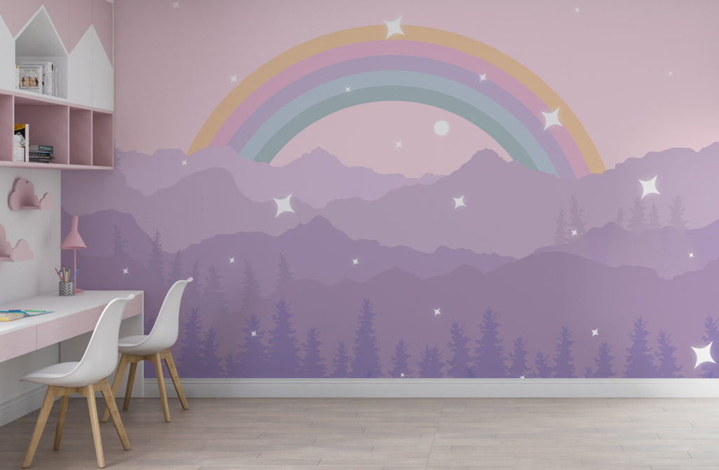 Purple Mountains Rainbow Wallpaper : Pastel Starry Kids Mural - View 4