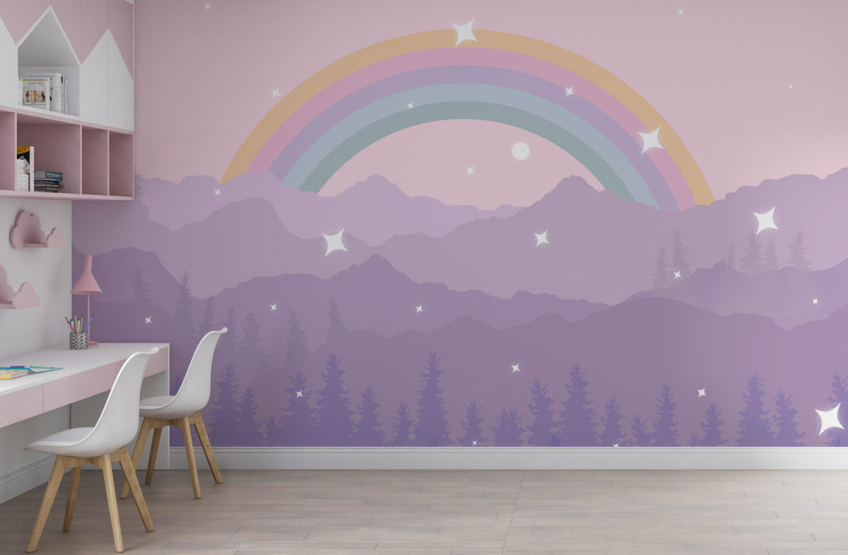 Purple Mountains Rainbow Wallpaper : Pastel Starry Kids Mural - View 4