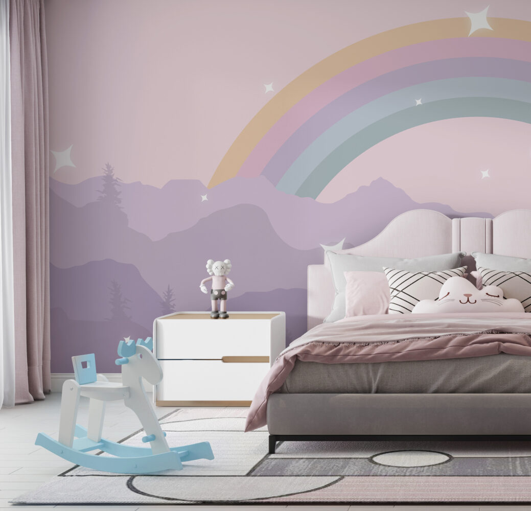 Purple Mountains Rainbow Wallpaper : Pastel Starry Kids Mural - View 3