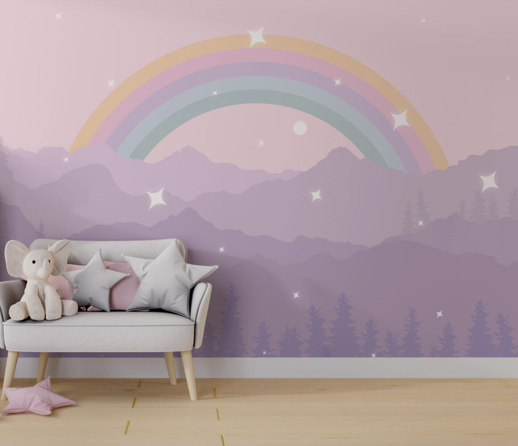Purple Mountains Rainbow Wallpaper : Pastel Starry Kids Mural - View 5