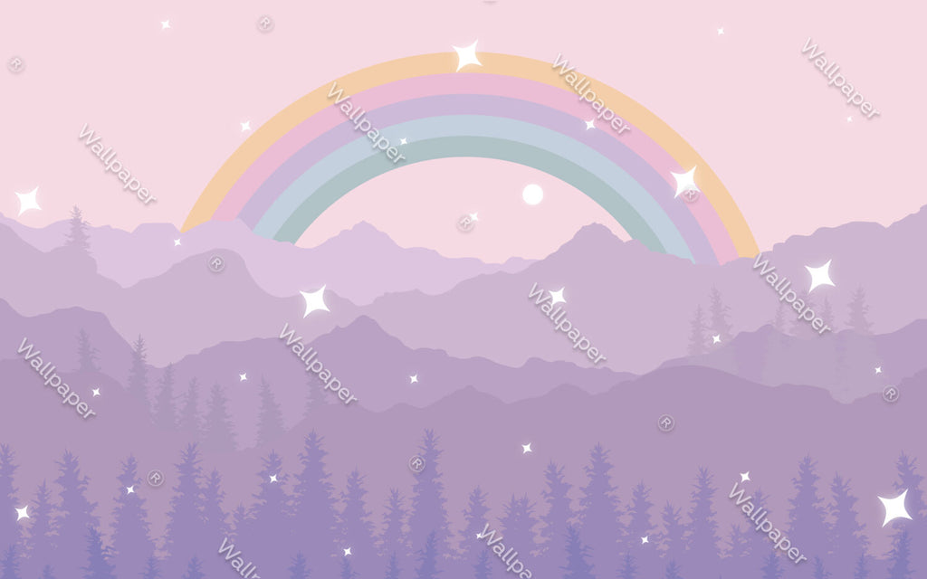 Purple Mountains Rainbow Wallpaper : Pastel Starry Kids Mural - flat design