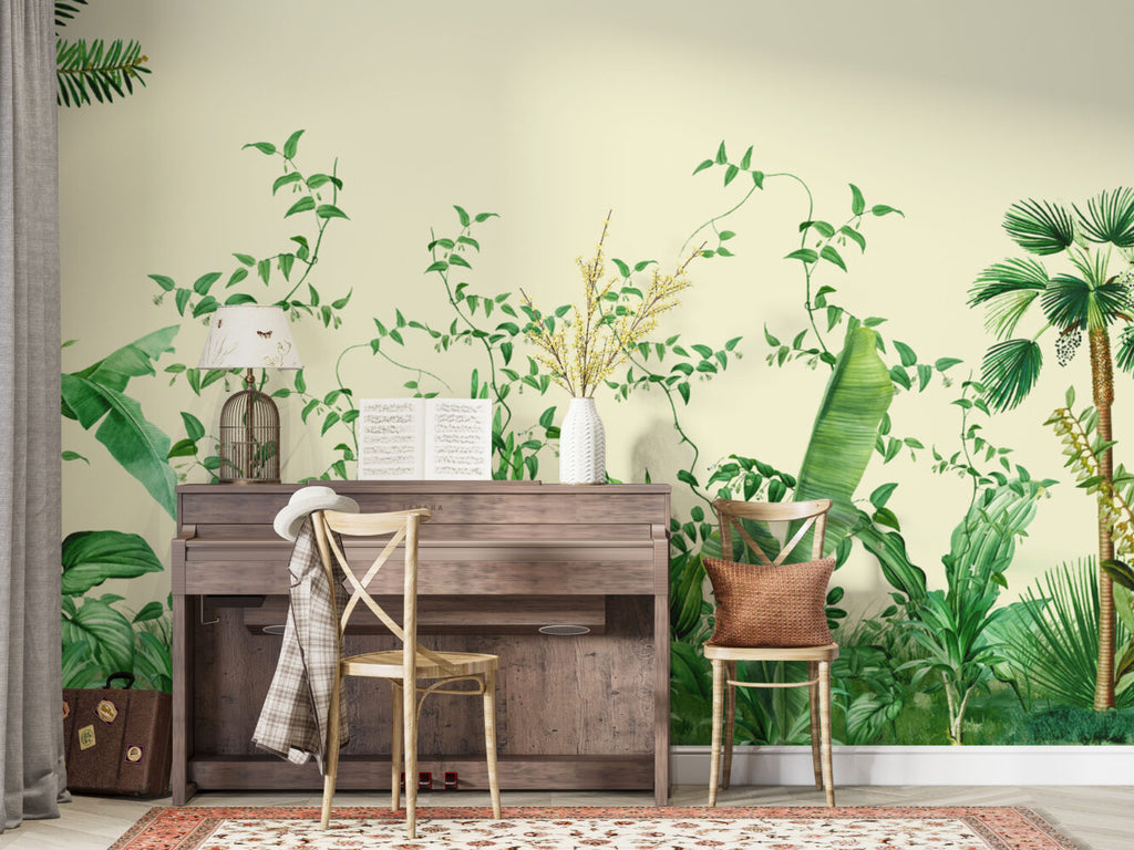 Tropical Jungle Leaves Wallpaper : Green Vines Cream Mural - View 2