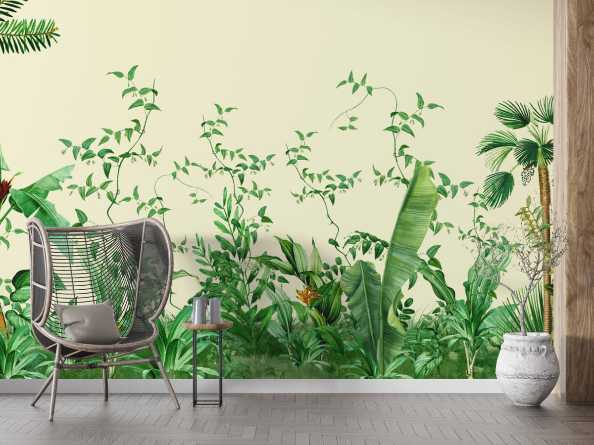 Tropical Jungle Leaves Wallpaper : Green Vines Cream Mural - View 3