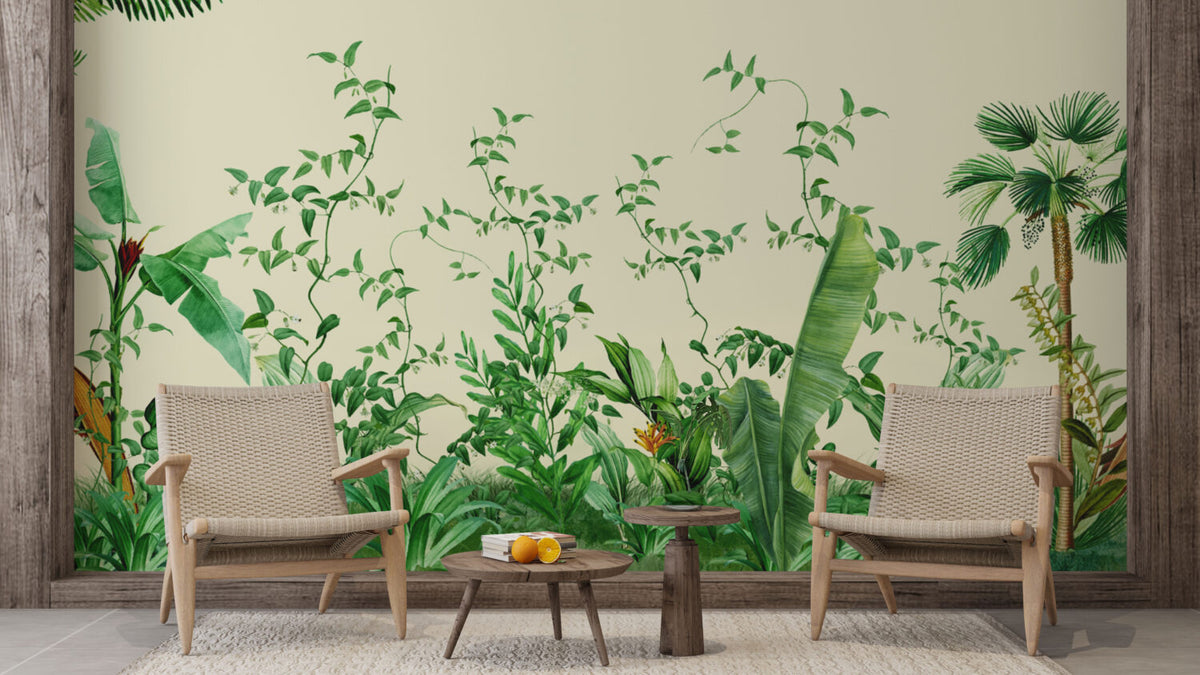 Tropical Jungle Leaves Wallpaper : Green Vines Cream Mural